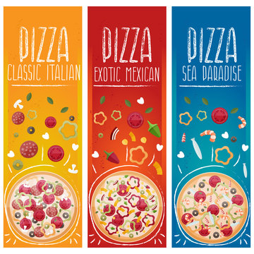 Set of banners for theme pizza with different tastes flat design