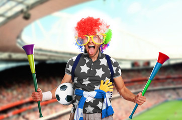 Football fan in a coloured wig and big glasses