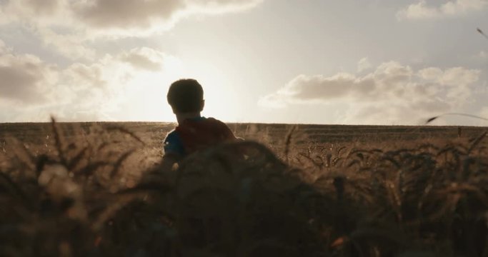 Boy with a superman cape stand in a golden field looking into the sunset