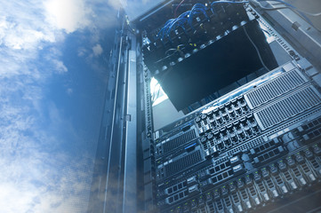 Fototapeta na wymiar Cloud and sky overlay with servers computing technology in datac