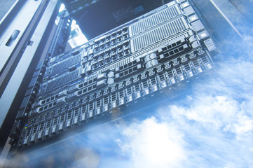 Cloud and sky overlay with servers computing technology in datac