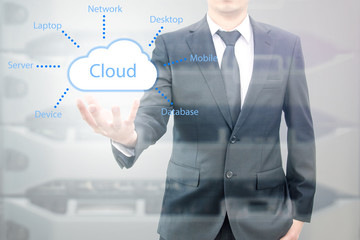Double exposure of cloud computing concept on hand of a businessman with servers computing technology in datacenter creative cloud concept