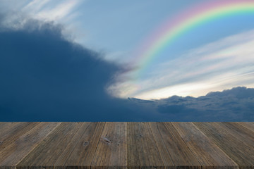 Blue sky cloud with Wood terrace and rainbow