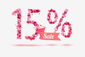 fifteen (15) percents sale. Digits of pink rose petals