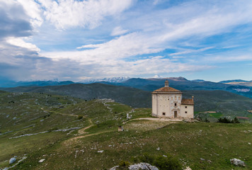 Rocca Calascio, a mountaintop fortress or rocca in the Province of L'Aquila in Abruzzo, Italy.