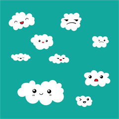Cute Clouds icon set on blue sky background.