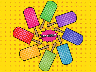 Ice cream pop art style. Popsicle. Ice cream on a stick. Vector illustration.