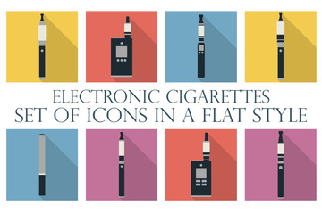Electronic cigarette. Electronic cigarette flat icons. Types vaporizers. Set.