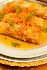 Stuffed Cabbage with tomato sauce. Selective focus.