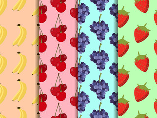 Set of seamless pattern with fruit. Pattern of bananas, cherries, strawberries and grapes. Vector background.