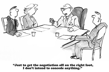 Business and legal cartoon about a challenging negotiation.