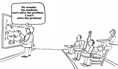 Education cartoon about a difficult problem, even the teacher cannot solve it.
