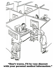 Business cartoon about the lack of privacy in open office formats.