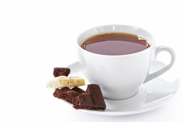 Cup of hot tea and chocolate bars