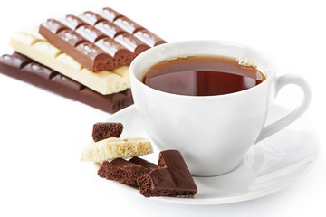 Cup of hot tea and chocolate bars