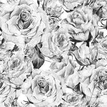 Floral monochrome seamless background with white roses