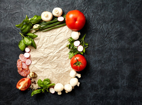  Cooking, Healthy Eating, Vegetarian concept. vegetables and spices on dark background. Top virw, copy space