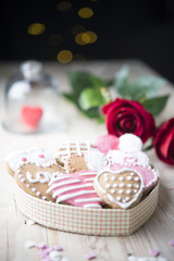 Festive cookies with hearts and roses for Valentine's Day.