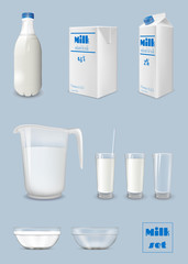 Milk carton and bottle, glass of milk. Packaging and glassware