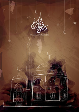 Illustration of Ramadan kareem and Ramadane mubarak. beautiful watercolor of Mosque  and arabic islamic calligraphy.traditional greeting card wishes holy month moubarak and karim for muslim and arabic