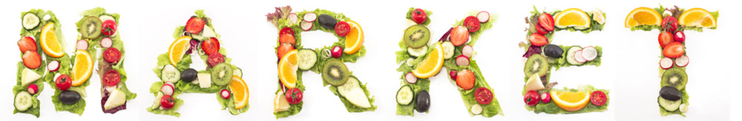 Word market made of salad and fruits