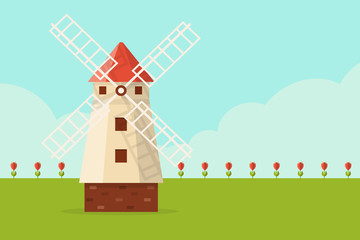 Obraz na płótnie Canvas Field of tulips with windmill. Flat design style. 