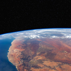 South Africa and Namibia from space with stars above. Includes NASA data.