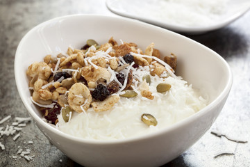 Yoghurt muesli or yogurt granola with coconut.