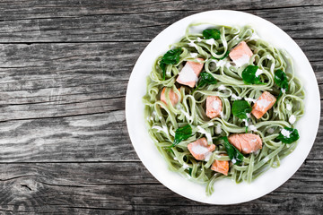Salmon and Spinach Fettuccine pasta on white dishes