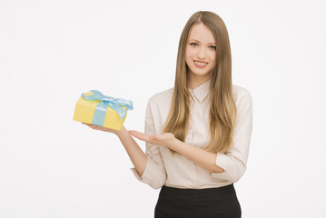 Young woman portrait holding gift