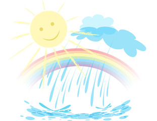 Rainbow, sun, rain. Vector landscape.