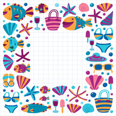 Vector flat hand drawn icons Beach and tropical vacation