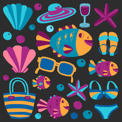 Vector flat hand drawn icons Beach and tropical vacation
