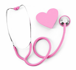 Pink stethoscope with heart isolated on white - obrazy, fototapety, plakaty