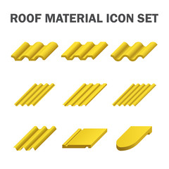 Roof tile or roof sheet icon many shape, texture and pattern i.e. wave, wavy etc. Made from clay, metal, ceramic, terracotta, steel and shingle. For cover rooftop of house. Vector yellow color icon.