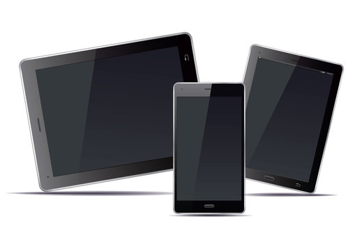 Tablets and smart phone and black screens. Vector Illustration.