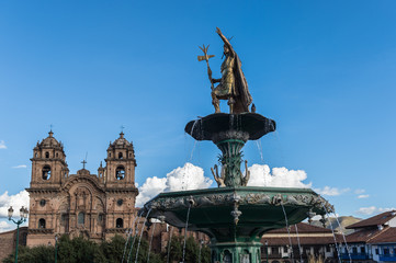 Inca King Pachacutec on Fountain in front of The Cathederal of C
