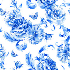 Vintage seamless pattern blue roses and butterflies