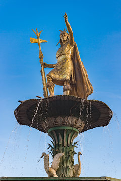 Inca King Pachacutec On Fountain In The Plaza De Armas, Cusco, P