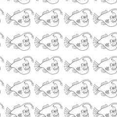 Black And White Seamless Pattern Of Funny Angler Fish Or Monkfish With Sketchy Style