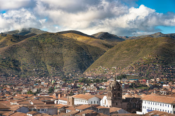 Cusco city view with Spanish word " Viva El Peru " meaning is Pe