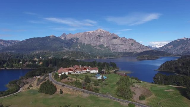 View from copter to the Villa Llao Llao, Lake Nahuel Huapi, Bariloche, Argentina
