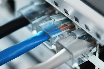 Ethernet cables connected to network switch, close up