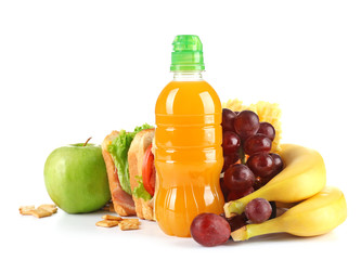 Healthy school lunch with sandwich, fruits and juice isolated on white