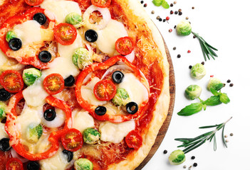 Delicious pizza with cheese and vegetables isolated on white