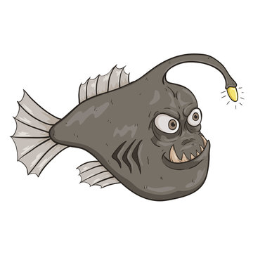 Funny Angler Fish Or Monkfish Look At His Light With Color And Outline
