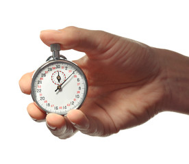 Stopwatch in hand isolated on white, close up