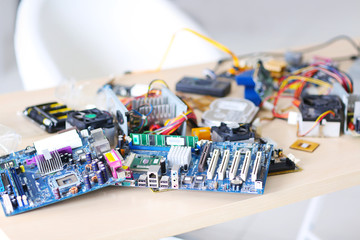 Computer parts on the table in repair shop