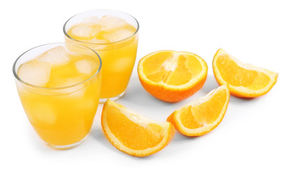 Iced orange drink with fresh pieces isolated on white