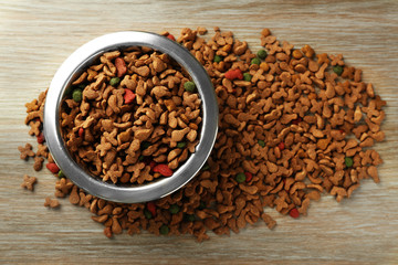 Dog food in metal bowl on wooden background